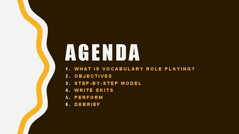 AGENDA 1. WHAT IS VOCABULARY ROLE PLAYING? 2. OBJECTIVES 3. STEP-BY-STEP MODEL 4. WRITE