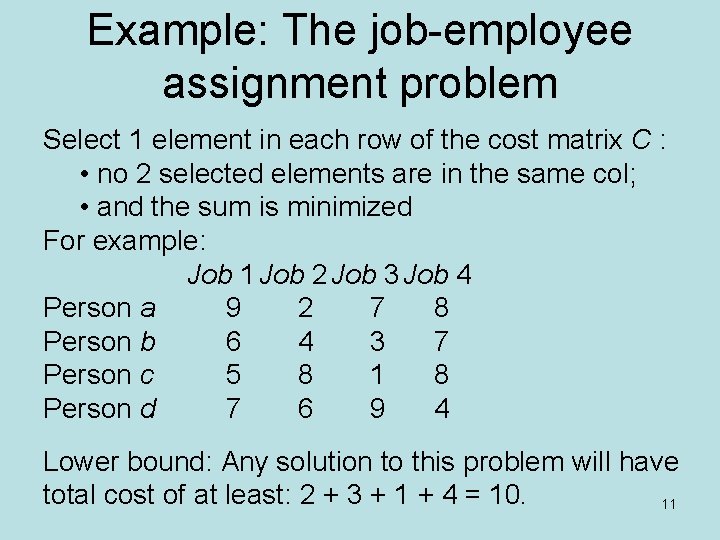 Example: The job-employee assignment problem Select 1 element in each row of the cost Example: The job-employee assignment problem Select 1 element in each row of the cost