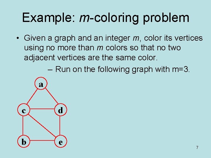 Example: m-coloring problem • Given a graph and an integer m, color its vertices Example: m-coloring problem • Given a graph and an integer m, color its vertices