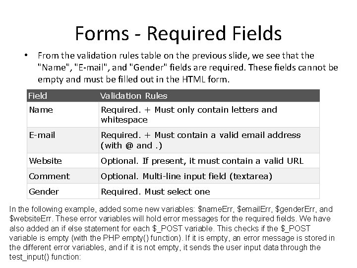 Forms - Required Fields • From the validation rules table on the previous slide,