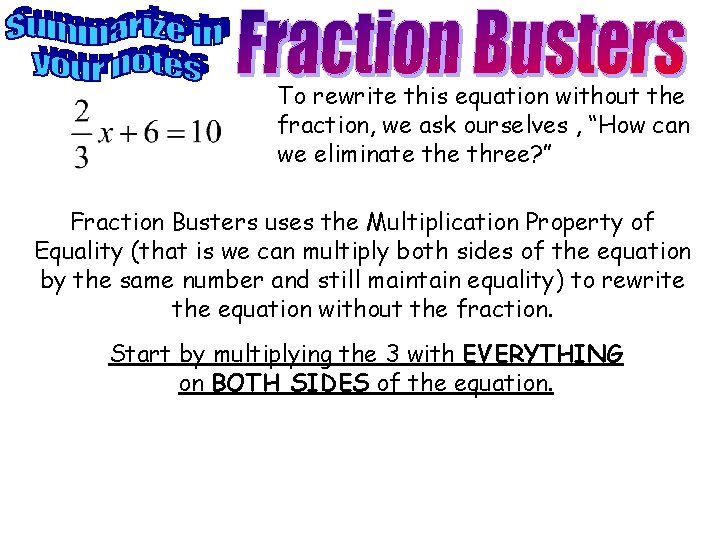 To rewrite this equation without the fraction, we ask ourselves , “How can we