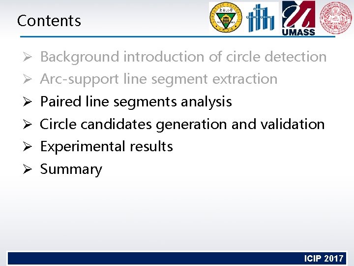 Contents Ø Background introduction of circle detection Ø Arc-support line segment extraction Ø Paired