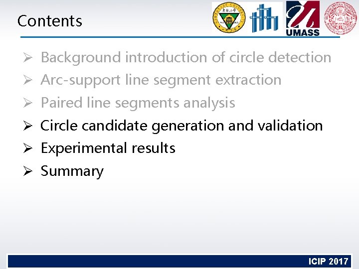 Contents Ø Background introduction of circle detection Ø Arc-support line segment extraction Ø Paired