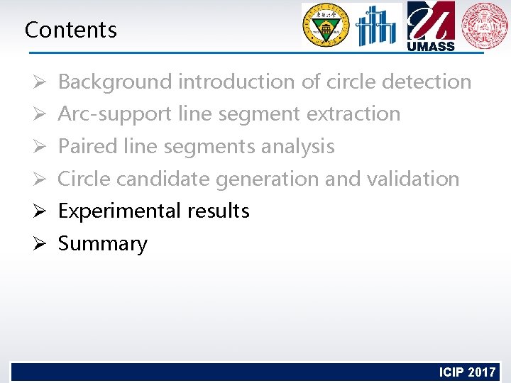 Contents Ø Background introduction of circle detection Ø Arc-support line segment extraction Ø Paired