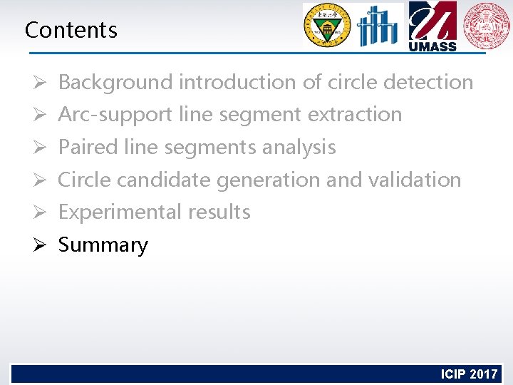 Contents Ø Background introduction of circle detection Ø Arc-support line segment extraction Ø Paired