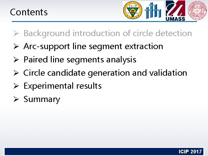 Contents Ø Background introduction of circle detection Ø Arc-support line segment extraction Ø Paired