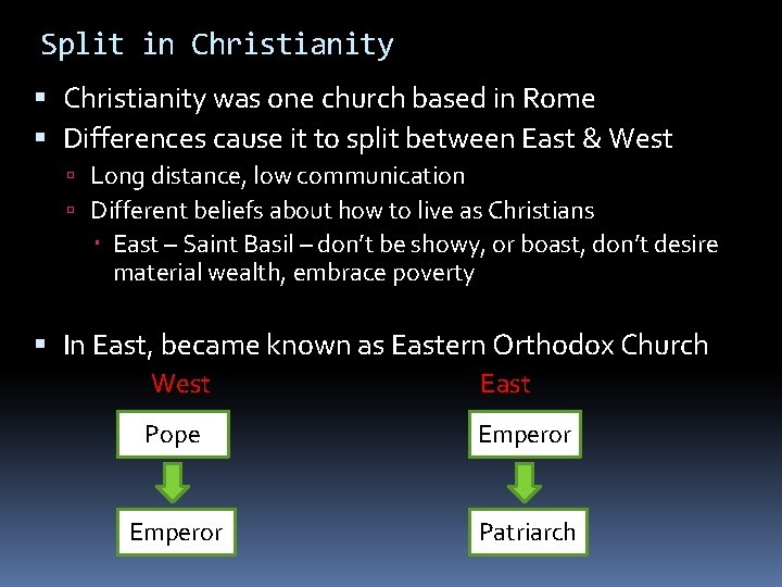 Split in Christianity was one church based in Rome Differences cause it to split