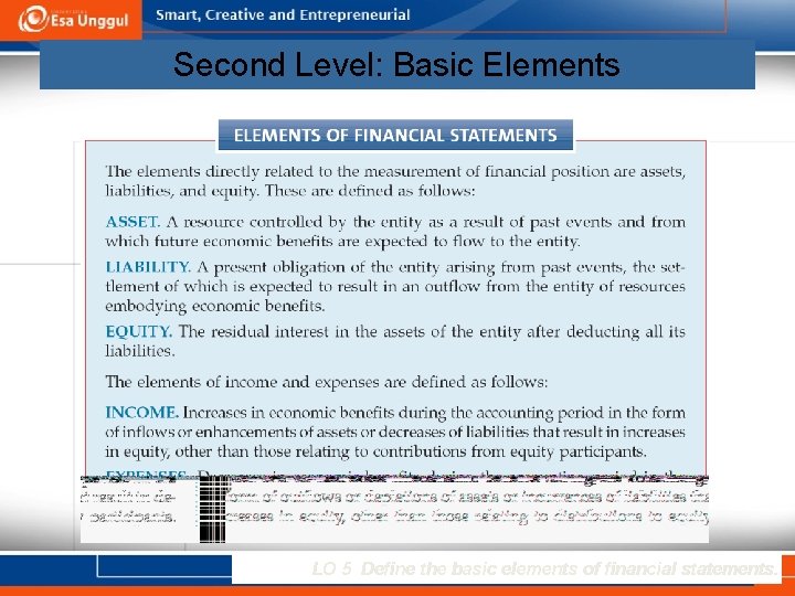 Second Level: Basic Elements LO 5 Define the basic elements of financial statements. 