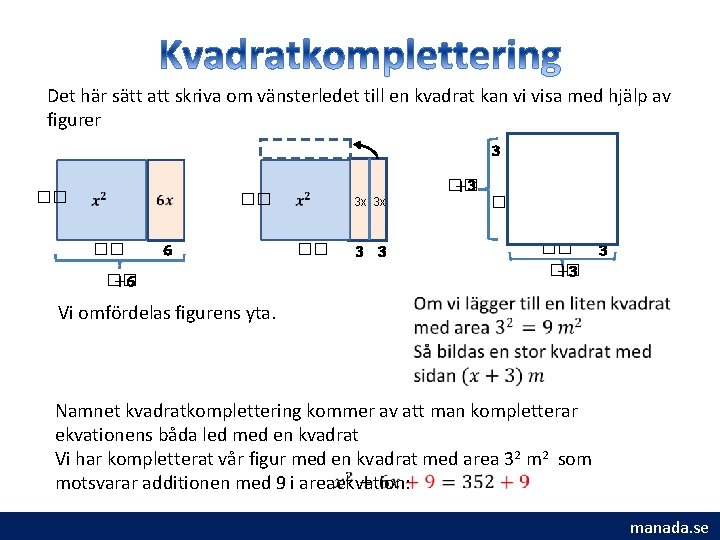 Det här sätt att skriva om vänsterledet till en kvadrat kan vi visa med