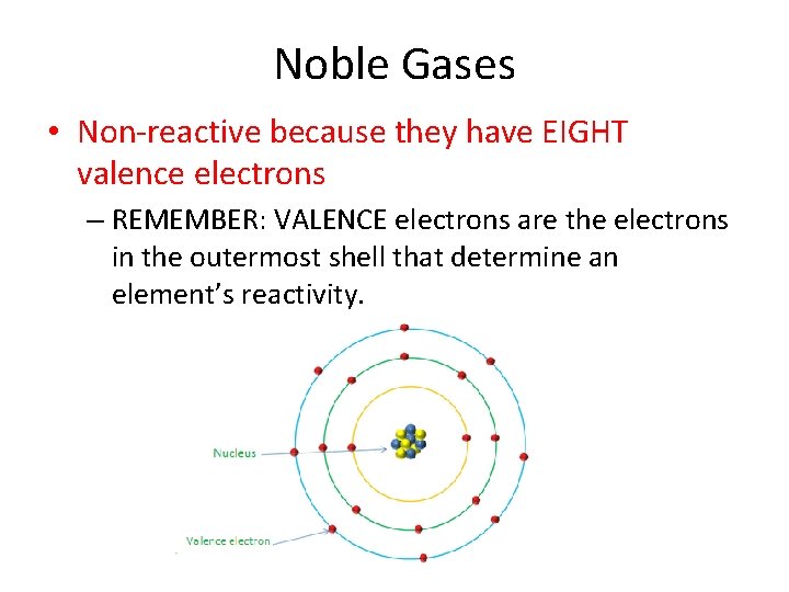 Noble Gases • Non-reactive because they have EIGHT valence electrons – REMEMBER: VALENCE electrons
