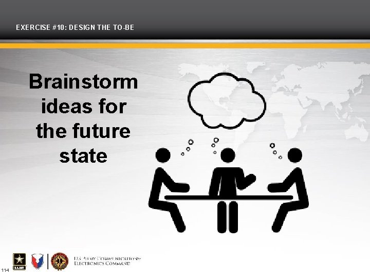 EXERCISE #10: DESIGN THE TO-BE Brainstorm ideas for the future state 114 