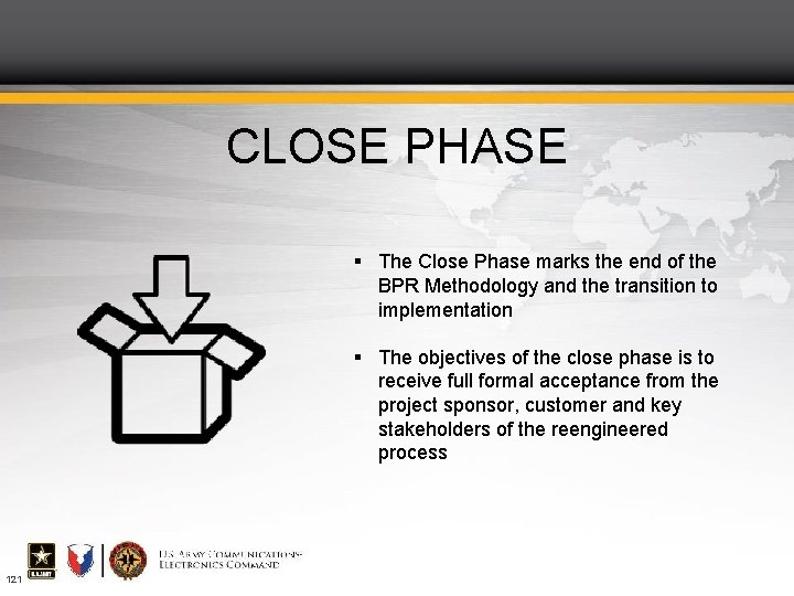 CLOSE PHASE The Close Phase marks the end of the BPR Methodology and the