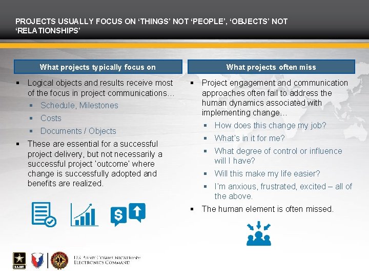 PROJECTS USUALLY FOCUS ON ‘THINGS’ NOT ‘PEOPLE’, ‘OBJECTS’ NOT ‘RELATIONSHIPS’ What projects typically focus