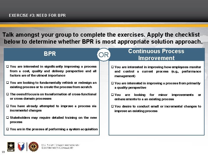 EXERCISE #3: NEED FOR BPR Talk amongst your group to complete the exercises. Apply