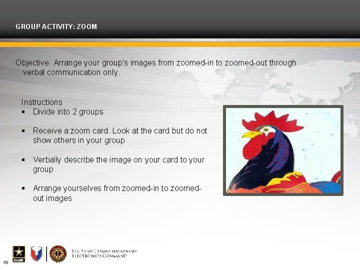 GROUP ACTIVITY: ZOOM Objective: Arrange your group’s images from zoomed-in to zoomed-out through verbal