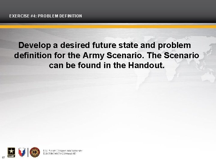 EXERCISE #4: PROBLEM DEFINITION Develop a desired future state and problem definition for the