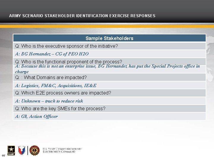 ARMY SCENARIO STAKEHOLDER IDENTIFICATION EXERCISE RESPONSES Sample Stakeholders Q: Who is the executive sponsor