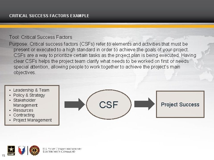 CRITICAL SUCCESS FACTORS EXAMPLE Tool: Critical Success Factors Purpose: Critical success factors (CSFs) refer