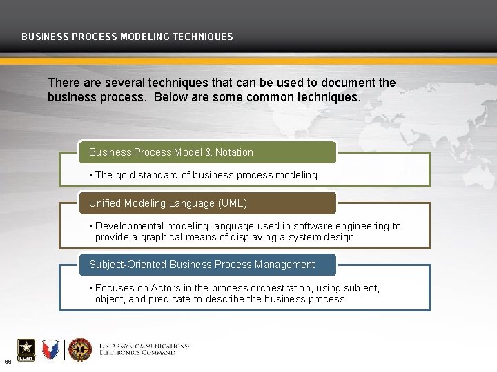 BUSINESS PROCESS MODELING TECHNIQUES There are several techniques that can be used to document