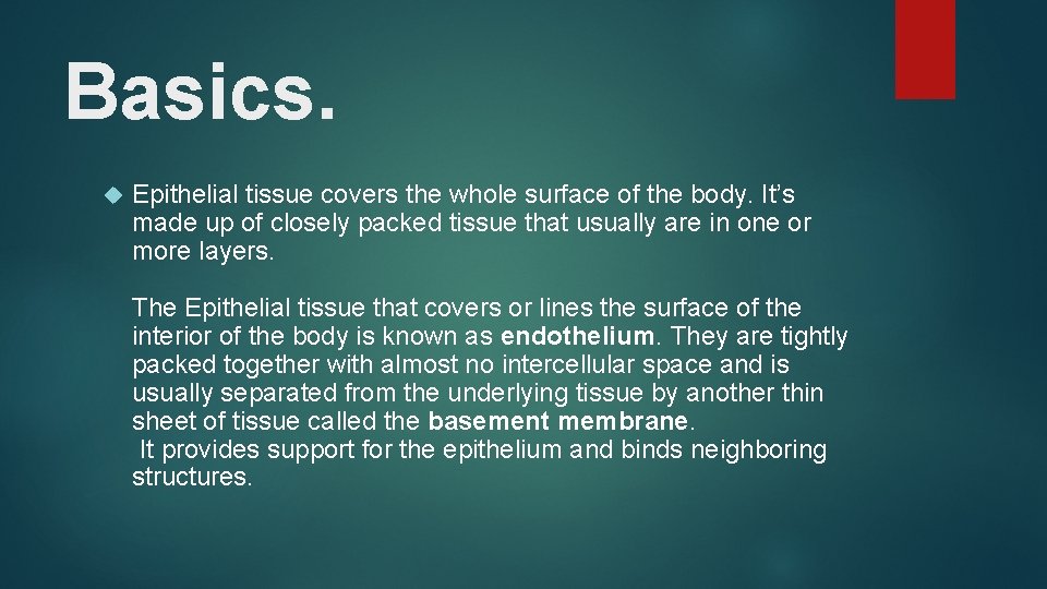 Basics. Epithelial tissue covers the whole surface of the body. It’s made up of