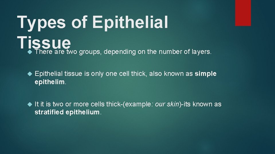 Types of Epithelial Tissue There are two groups, depending on the number of layers. Types of Epithelial Tissue There are two groups, depending on the number of layers.
