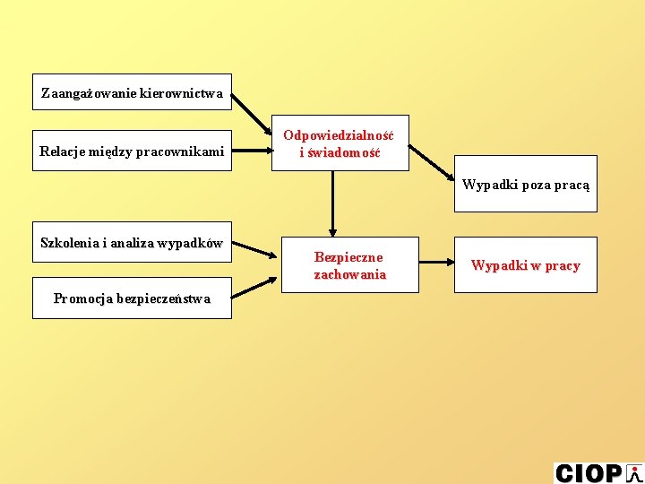 Zaangażowanie kierownictwa Relacje między pracownikami Odpowiedzialność i świadomość Wypadki poza pracą Szkolenia i analiza