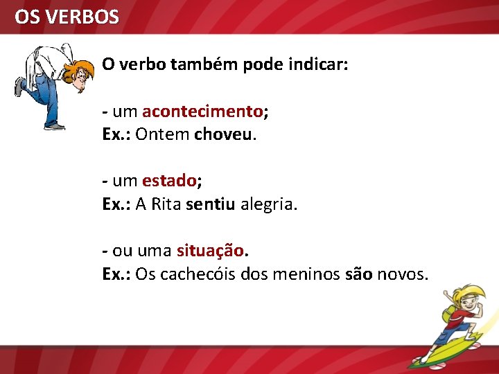 OS VERBOS O verbo também pode indicar: - um acontecimento; Ex. : Ontem choveu.