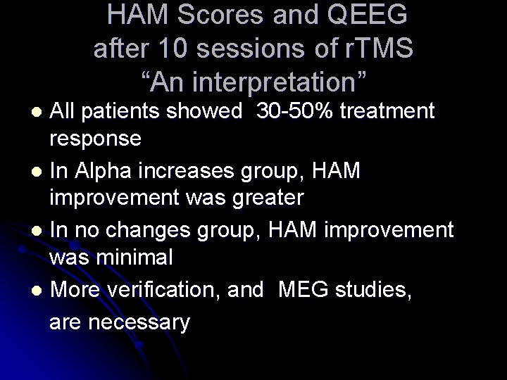 HAM Scores and QEEG after 10 sessions of r. TMS “An interpretation” All patients