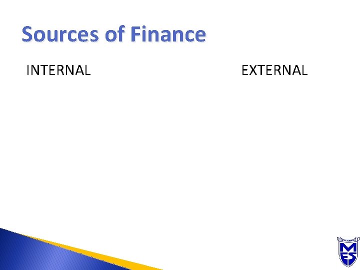 Sources of Finance INTERNAL EXTERNAL 