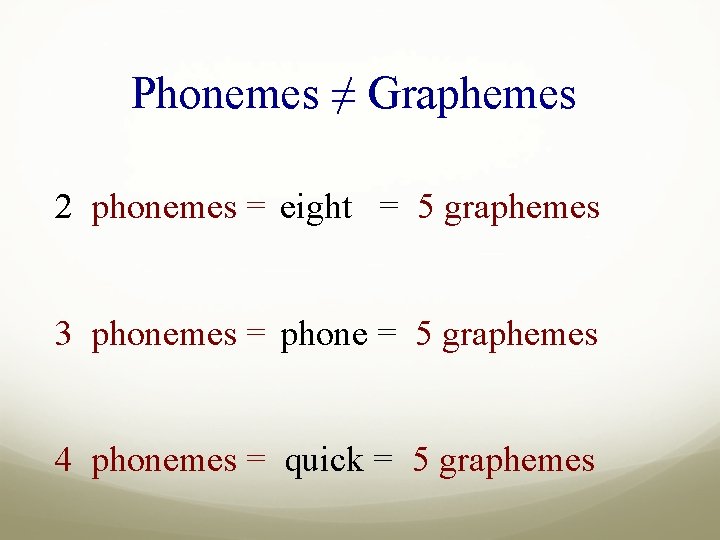 Phonemes ≠ Graphemes 2 phonemes = eight = 5 graphemes 3 phonemes = phone