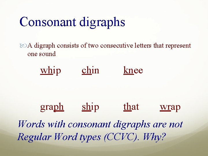 Consonant digraphs A digraph consists of two consecutive letters that represent one sound whip