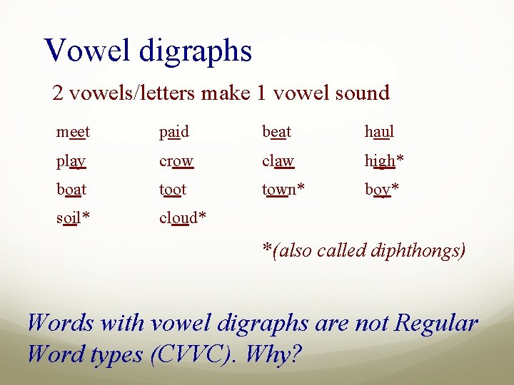 Vowel digraphs 2 vowels/letters make 1 vowel sound meet paid beat haul play crow