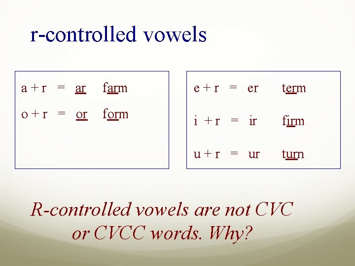 r-controlled vowels a + r = ar farm e + r = er term