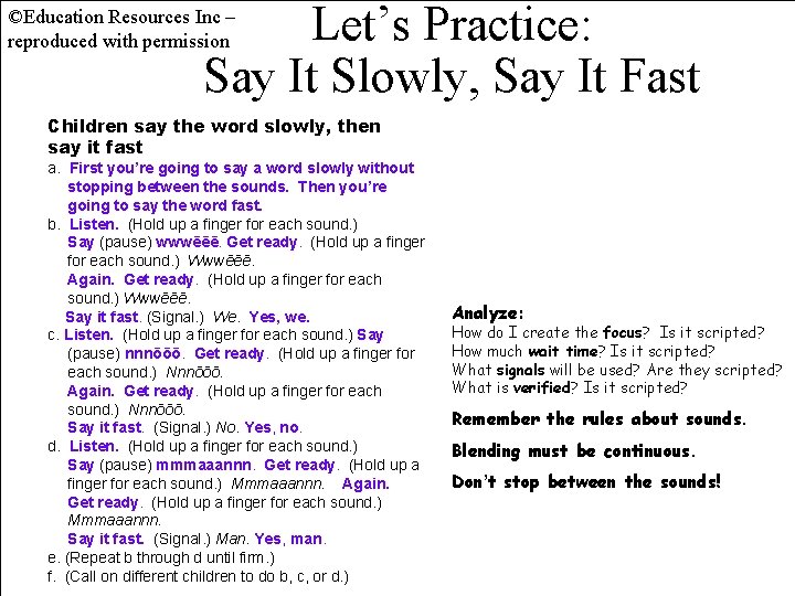 Let’s Practice: Say It Slowly, Say It Fast ©Education Resources Inc – reproduced with