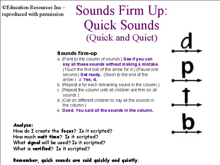 ©Education Resources Inc – reproduced with permission Sounds Firm Up: Quick Sounds (Quick and