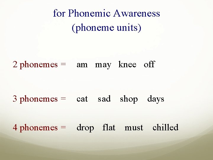 for Phonemic Awareness (phoneme units) 2 phonemes = am may knee off 3 phonemes