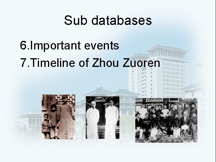 Sub databases 6. Important events 7. Timeline of Zhou Zuoren 