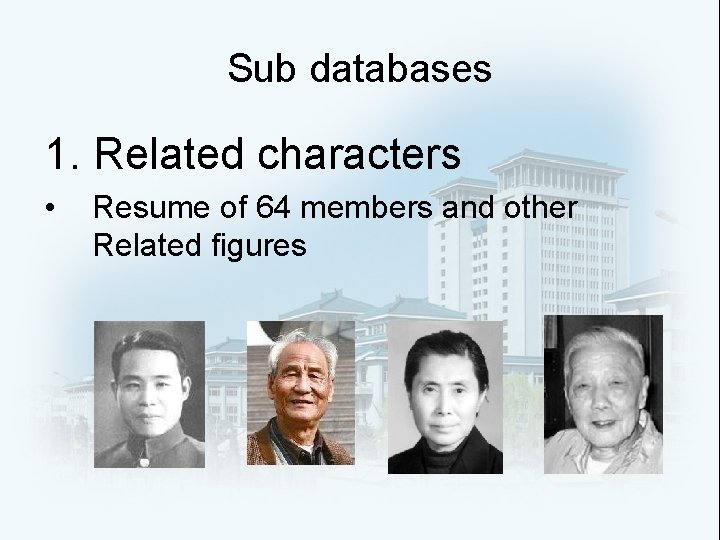 Sub databases 1. Related characters • Resume of 64 members and other Related figures