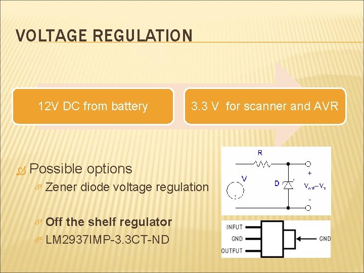 VOLTAGE REGULATION 12 V DC from battery 3. 3 V for scanner and AVR
