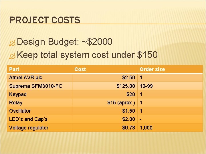 PROJECT COSTS Design Budget: ~$2000 Keep total system cost under $150 Part Atmel AVR