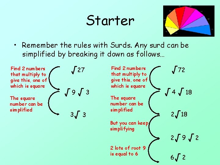 Starter • Remember the rules with Surds. Any surd can be simplified by breaking