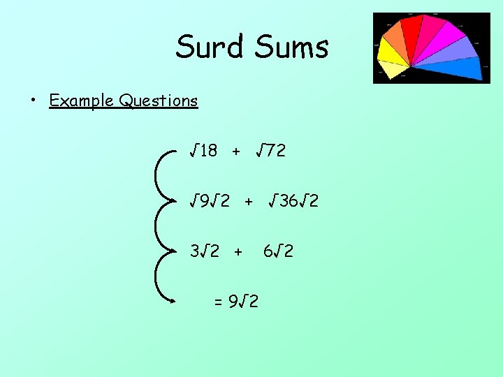 Surd Sums • Example Questions √ 18 + √ 72 √ 9√ 2 +
