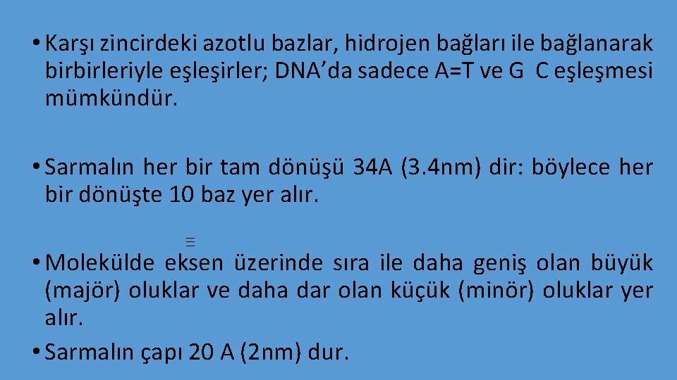  • Karşı zincirdeki azotlu bazlar, hidrojen bağları ile bağlanarak birbirleriyle eşleşirler; DNA’da sadece