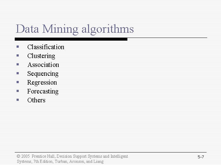Data Mining algorithms § § § § Classification Clustering Association Sequencing Regression Forecasting Others Data Mining algorithms § § § § Classification Clustering Association Sequencing Regression Forecasting Others