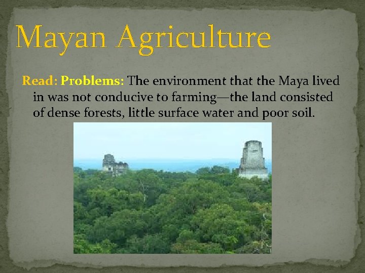 Mayan Agriculture Read: Problems: The environment that the Maya lived in was not conducive