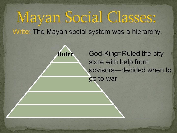 Mayan Social Classes: Write: The Mayan social system was a hierarchy. Ruler God-King=Ruled the