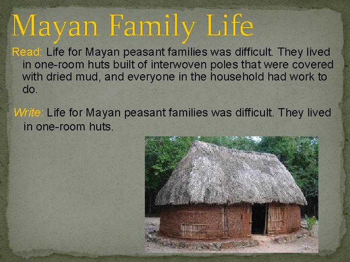 Mayan Family Life Read: Life for Mayan peasant families was difficult. They lived in