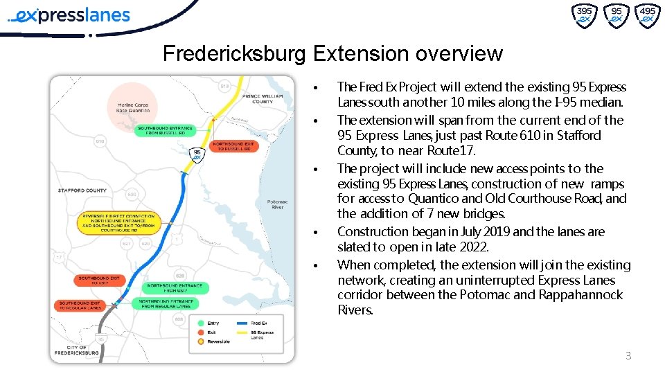 Fredericksburg Extension overview • • • The Fred Ex Project will extend the existing