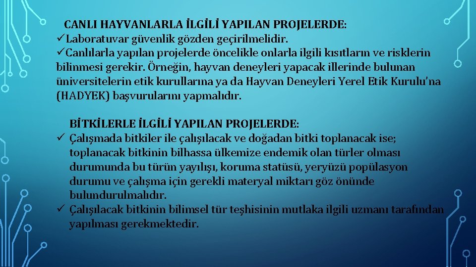 CANLI HAYVANLARLA İLGİLİ YAPILAN PROJELERDE: üLaboratuvar güvenlik gözden geçirilmelidir. üCanlılarla yapılan projelerde öncelikle onlarla