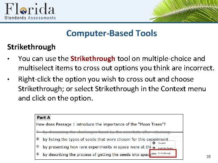 Computer-Based Tools Strikethrough • • You can use the Strikethrough tool on multiple-choice and